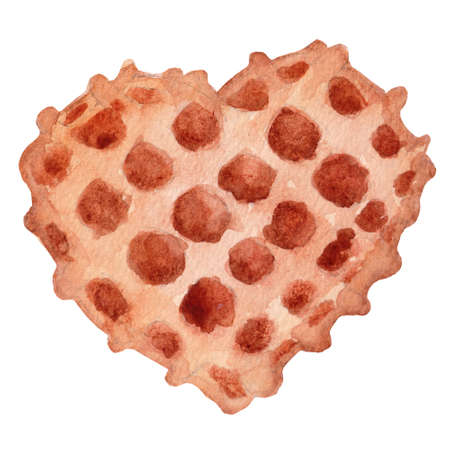 Watercolor food illustration, heart shaped waffle. Element for various products is isolated on a white background.の写真素材