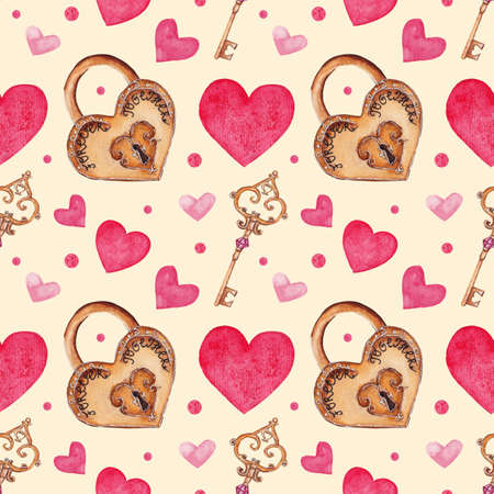 Colorful watercolor pattern with lock, key, hearts and dots. Seamless romantic pattern on Valentines Dayの写真素材