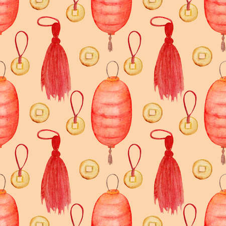 Colorful watercolor pattern with lantern, coins and red tassels. Seamless pattern in Chinese New Year style.の写真素材