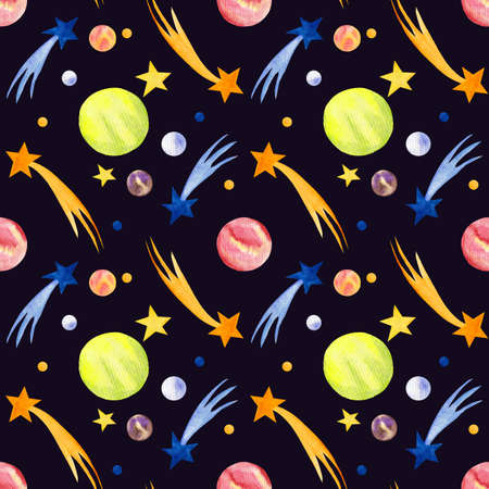 Watercolor seamless space pattern with shooting stars, multicolored planets on a dark background....