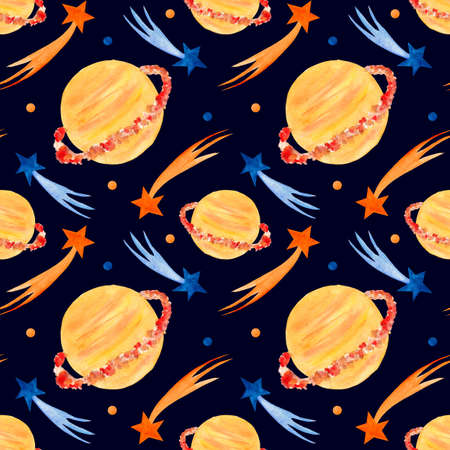 Seamless watercolor space pattern with shooting stars, planets on a dark background. Pattern for various fabrics, paper, products for children.の写真素材