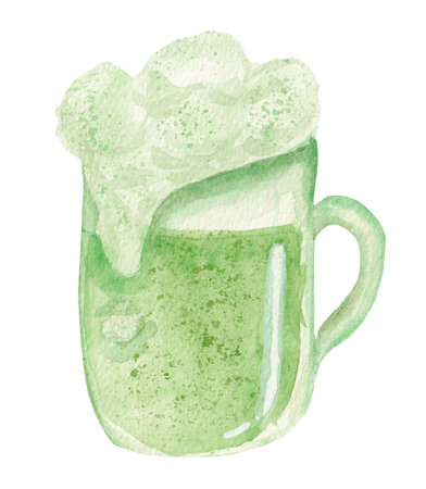 Watercolor glass with green ale. The element is isolated on a white background. Drawing of a drink for Patricks day.の写真素材