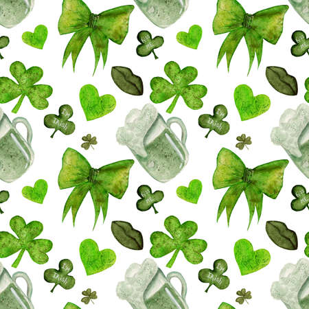 Colorful seamless watercolor pattern, various elements for St. Patricks day. Clover, bow, ale, on a white background.の写真素材