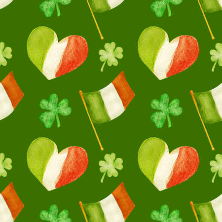 Watercolor pattern for Patricks day. Clover, flag of Ireland and a heart in colors of the flag on a green background.の写真素材