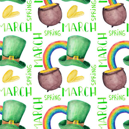 Watercolor seamless pattern for St. Patricks Day. Hat, leprechaun cauldron, coin, festive words on a white background.の写真素材