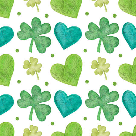 Watercolor pattern, clover and green hearts on a white background. Pattern various products for St. Patricks Day.の写真素材