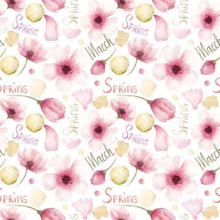 Tender watercolor spring pattern. Pink flowers, bud, petal, lettering on write background. Cute seamless pattern for delicate fabric, textile, spring products, etc.の写真素材