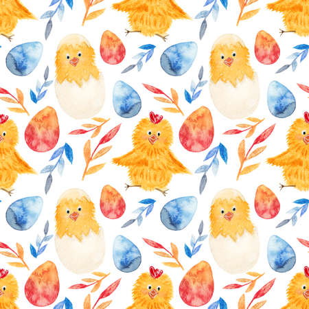 Seamless watercolor pattern, bright chicken, Easter eggs, colorful twigs on a white background....