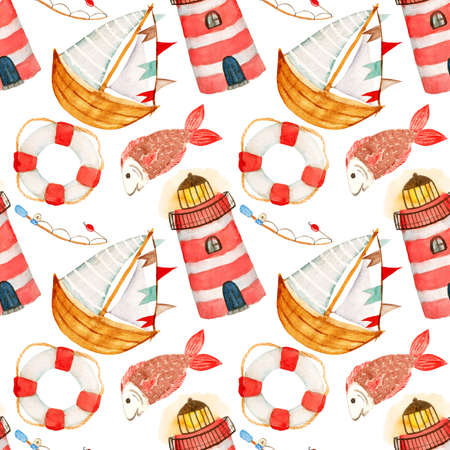 Watercolor seamless pattern, nautical theme. Ship, lighthouse, fish, fishing rod, lifebuoy on a white background.の写真素材