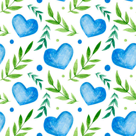 Seamless pattern, blue hearts, green leaves on a white background. Pattern for various products, paper, fabric, etc.の写真素材