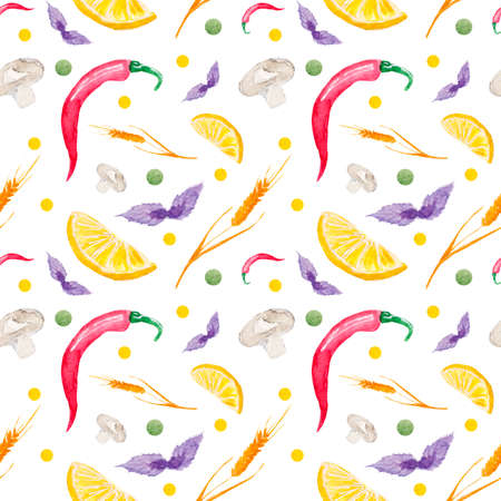 Colorful kitchen seamless pattern with products, basil, chilli pepper, wheat, mushroom and lemon on a white backgroundの写真素材