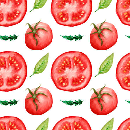 Watercolor seamless pattern of food and spices, red tomatoes, tomato slice, bay leaf and rosemary on a white background.の写真素材