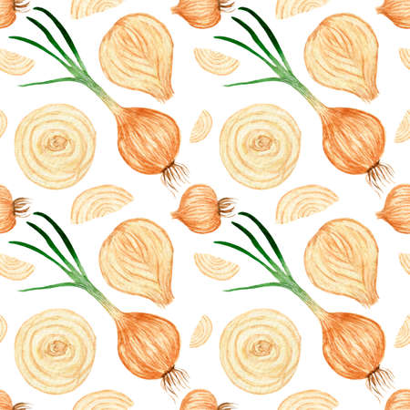 Watercolor colorful pattern, vegetable, plant. Seamless onion pattern, slices repeating elements on a white background.の写真素材