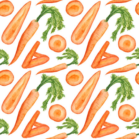 Seamless bright watercolor pattern, vegetable, plant. Pattern with colorful carrots, with green...
