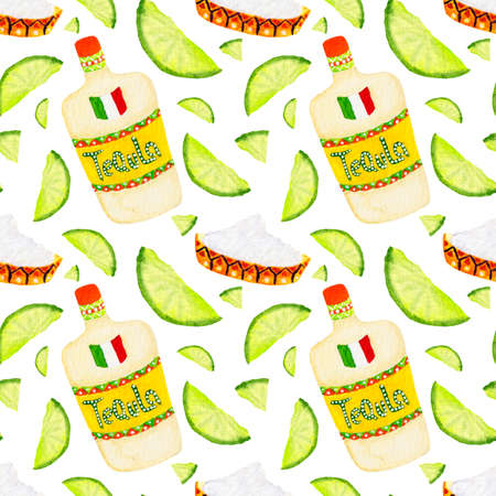 Bright watercolor seamless pattern in mexican style. Colorful elements, lime, salt, tequila on white background.の写真素材