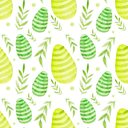 Bright watercolor pattern for Easter holiday, eggs, leaves and dots in green colors on white background.の写真素材