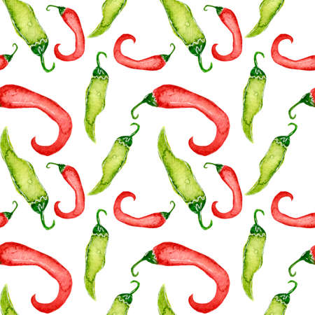 Colorful seamless pattern with watercolor green and red peppers on white background.の写真素材