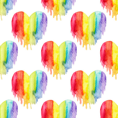 Watercolor seamless lgbt pattern on a white background, heart in the rainbow colors for pride month, etc.の写真素材