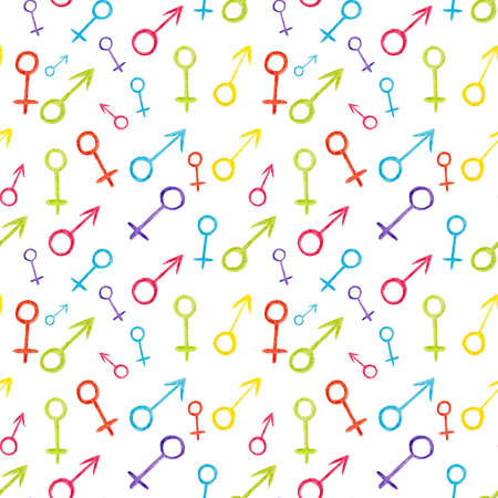 Watercolor seamless pattern, bright gender symbols in lgbt colors on a white background. Pattern for the month of pride.の写真素材