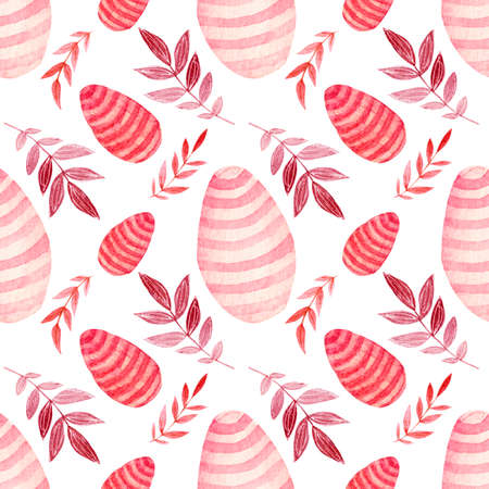 Bright watercolor pattern for Easter, eggs and leaves in pink colors. Seamless pattern for various products.の写真素材