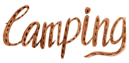 Watercolor lettering brown word camping, hand drawn lettering isolated on white background.の写真素材