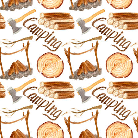 Colorful watercolor camping pattern with different wooden elements. Seamless travel pattern for various products.の写真素材