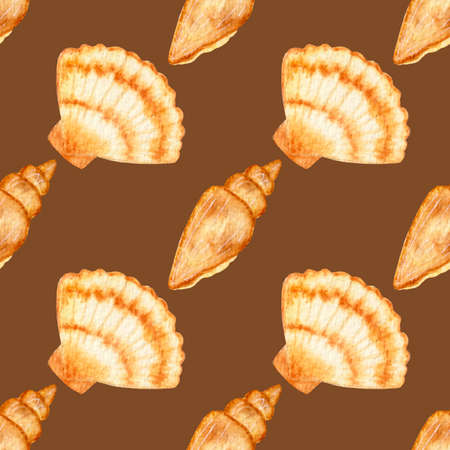 Seamless watercolor colorful pattern, summer style. Pattern with seashells on brown background.