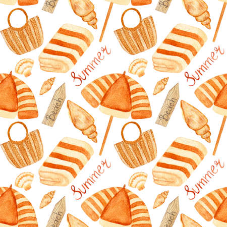 Colorful watercolor seamless pattern with seashells, towel, straw bag, lettering, beach umbrella on...