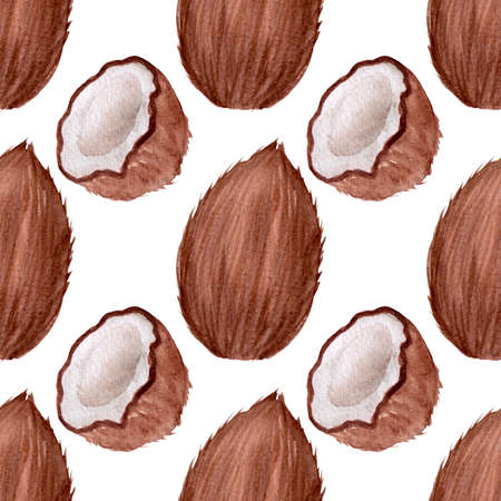 Summer watercolor seamless pattern with natural food, coconuts on white background.の写真素材