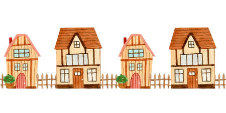 Watercolor colorful seamless border made of bright wooden farmhouses and a fence on a white background.の写真素材