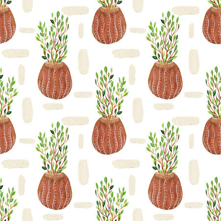 Watercolor soft home pattern, house plant with bright green leaves, light abstract elements on white background.の写真素材