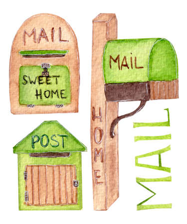 Watercolor outdoor decor collection, various colorful mailboxes, simple lettering. All elements are isolated on white background.の写真素材