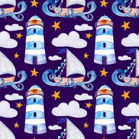 Bright watercolor fantasy sea pattern, colorful lighthouse, boat, curly waves, clouds and stars on dark background. Seamless childish pattern for variouns products.の写真素材
