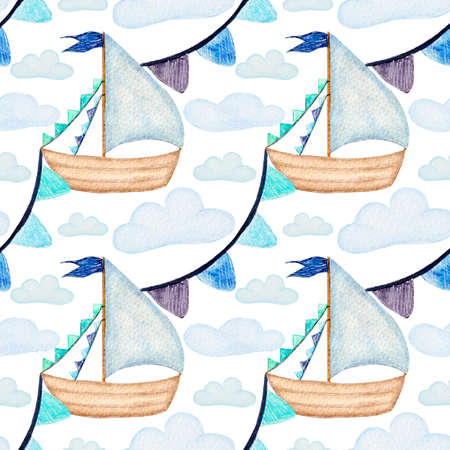 Cute watercolor seamless pattern, kids colorful pattern with boat, clouds and bright garland on white background.の写真素材