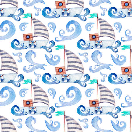 Seamless watercolor pattern, childish colorful pattern with cute boat and bright waves on white background.の写真素材