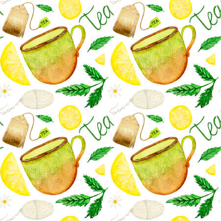 Cute watercolor tea time pattern with bright cup, lemon, mint, tea bag, strainer and simple lettering on white background.の写真素材