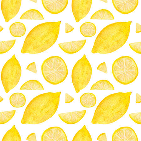 Bright watercolor seamless cute pattern with citrus. Lemon, pieces and circle of lemons on white...