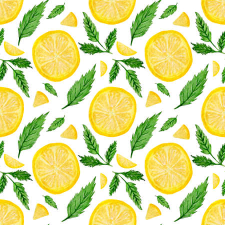 Bright watercolor seamless pattern with citrus and mint. Lemon, pieces and circle of lemons, mint...