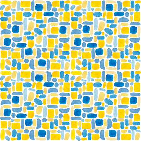 Watercolor seamless abstract pattern with bright blue and yellow smear and spots on white...