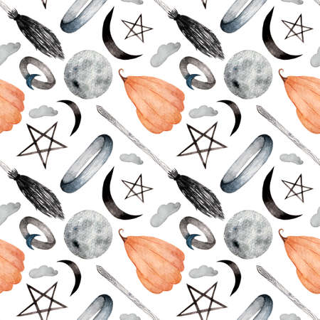 Watecolor pattern on white background with broom, accessory, moon clouds, stars. Pattern for various...