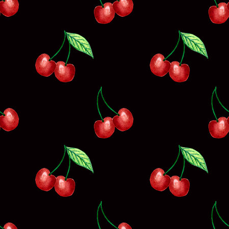 Watercolor seamless pattern, cute bright cherries on dark background. Simple pattern for paper,...