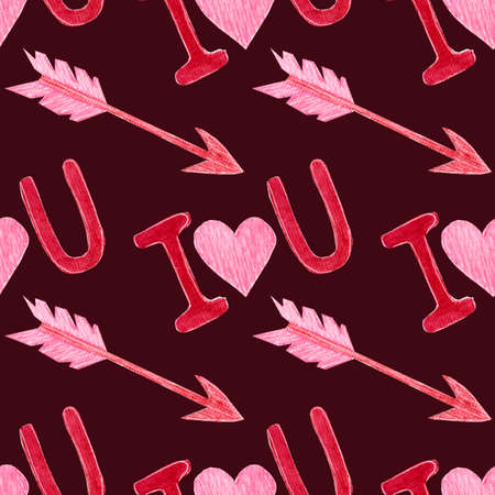 Watercolor seamless pattern, with heart, simple lettering and arrow on a dark background. Pattern for paper, fabric, various products for weddings, Valentine's Day, etc.の写真素材