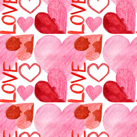Watercolor seamless pattern, hearts, lettering on a white background. Delicate pattern for paper, fabric, various products for weddings, Valentine's Day, etc.の写真素材