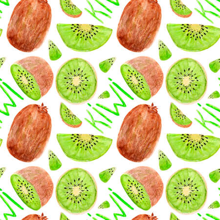 Watercolor seamless summer fruit pattern, bright kiwi, cut and half of kiwi, simple lettering kiwi on a white background.の写真素材