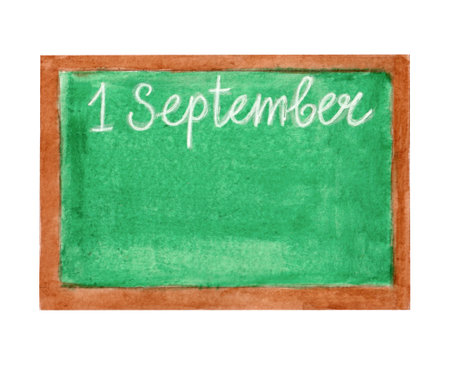 Watercolor illustration, bright green school chalkboard with text isolated on white background.の写真素材
