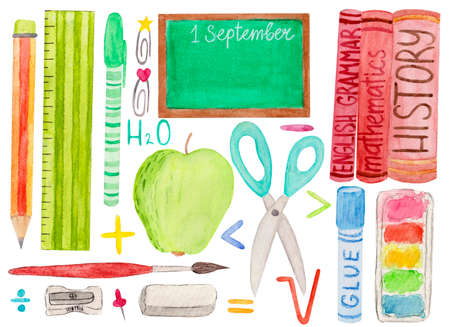 Watercolor big collection of school tools. Pen, pencil, ruler, glue, books, brush, apple, chalkboard and scissors isolated on white background.の写真素材