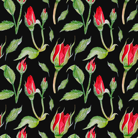 Bright watercolor seamless pattern with red roses and green leaves on black background.の写真素材