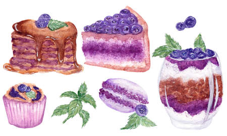 Watercolor collection of blueberry sweets, various desserts with blueberries, cake, macaroon, muffin, cupcakeの写真素材