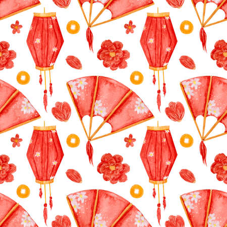 Watercolor pattern with paper lantern, red fan, flowers and gold coins. Seamless pattern in Chinese New Year style.の写真素材