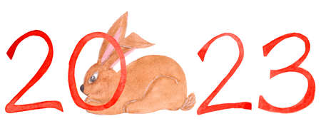 Watercolor cute illustration, red numbers 2023 with brown rabbit isolated on white background. For...